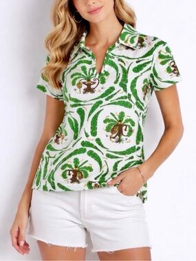 Govango Women’s Green Palm-Print Short Sleeve Button-Down Polo Top